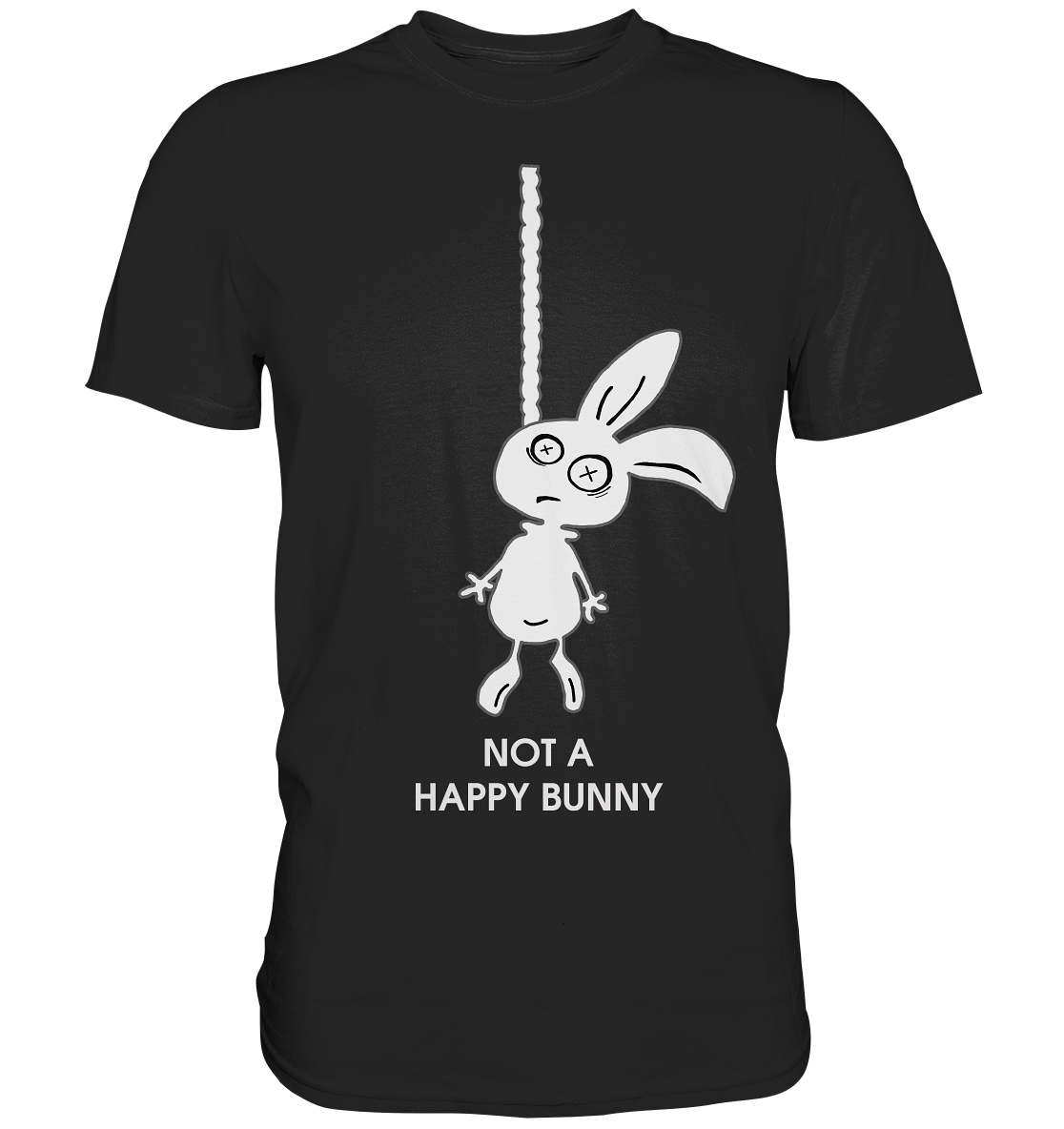Schwarzes T-Shirt mit düsterem Bunny und Spruch „Not a happy bunny“ – schwarzer Humor mit makabrem Hasenmotiv.