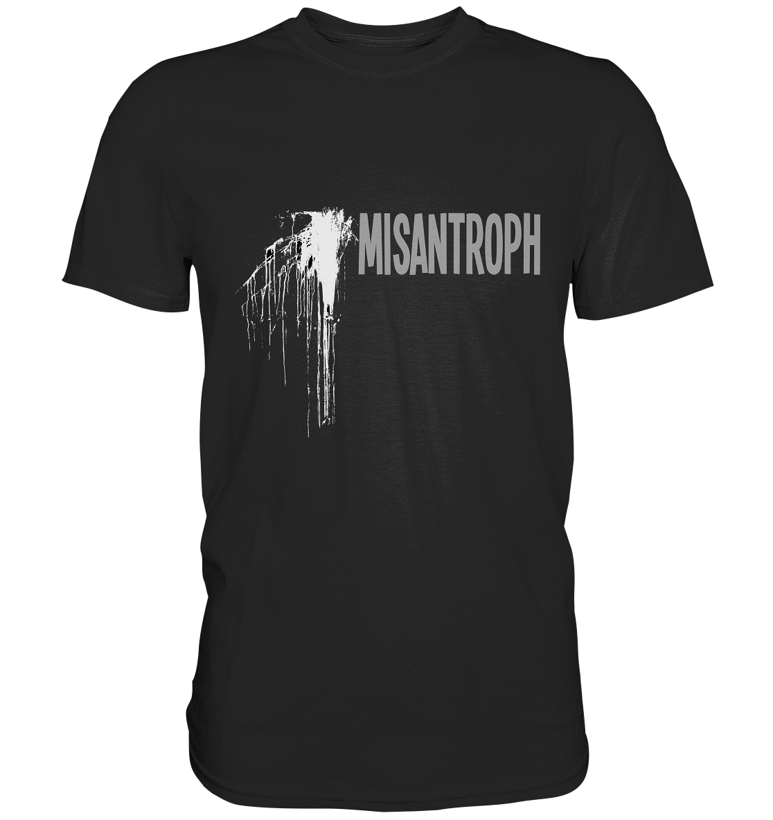 Schwarzes Shirt mit klarem Schriftzug „Misanthrop“, schlichtes Philosophie-Design inspiriert von Nietzsche.