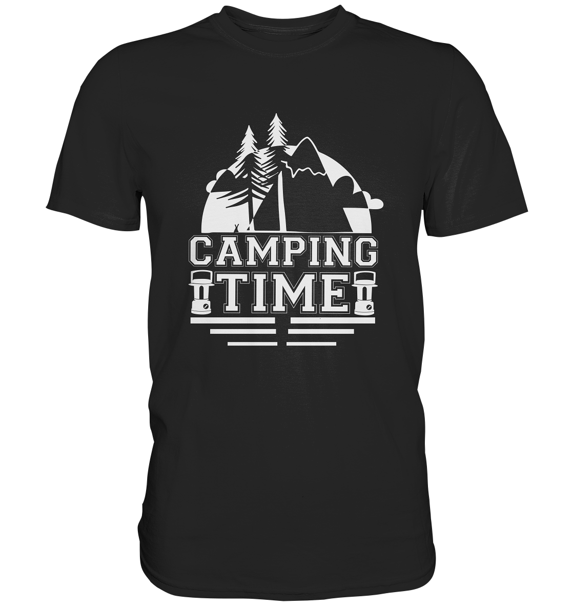 Schwarzes T-Shirt mit Aufschrift "Camping Time", weißer Print mít Berge-Motiv.