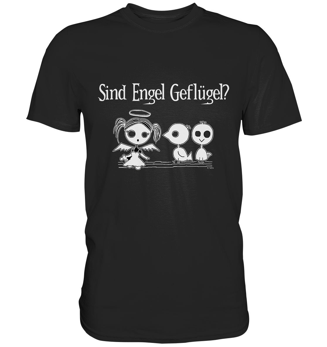 Schwarzes T-Shirt mit frechem Engel im Gothic-Comic-Stil und Schriftzug „Sind Engel Geflügel?“, schwarz-weißes düsteres Design.