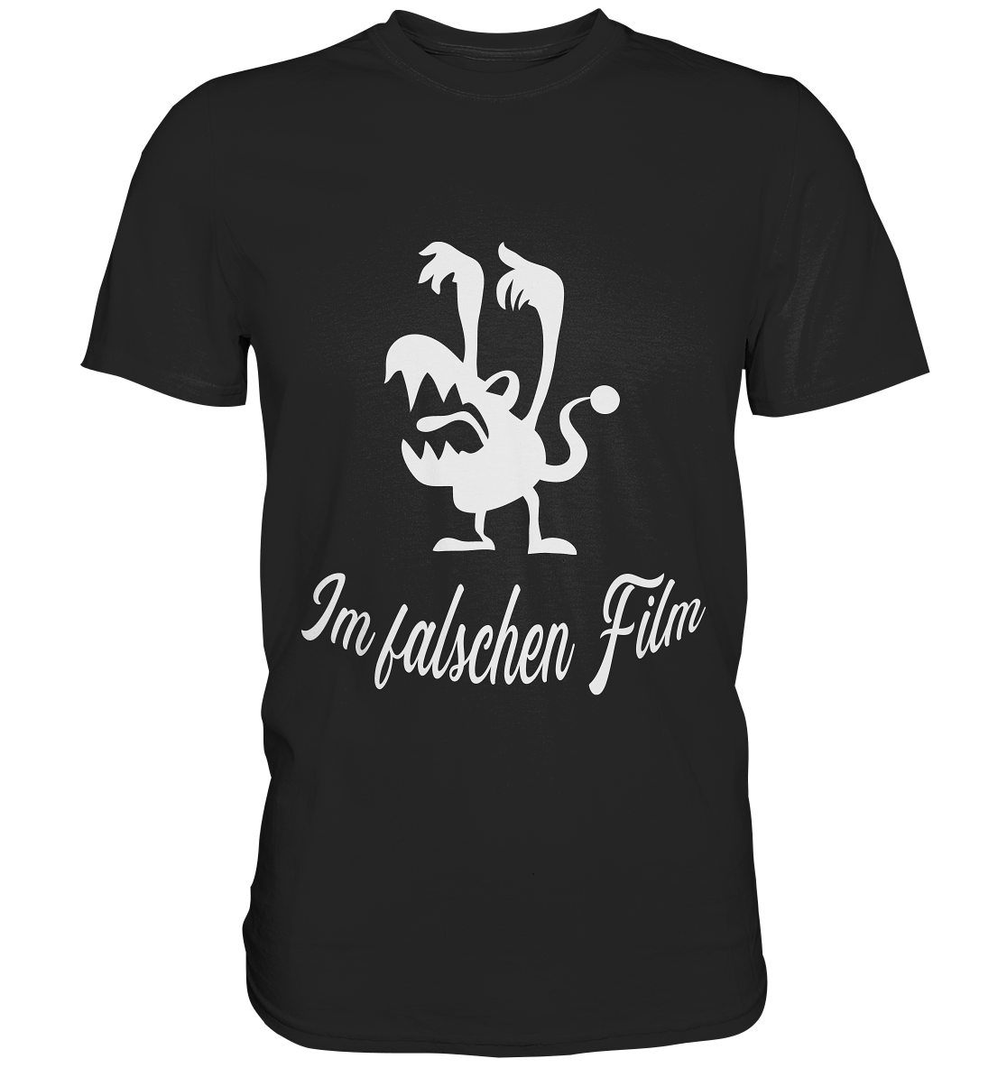 Schwarzes T-Shirt mit grimmigem Monster und Schriftzug „Im falschen Film“