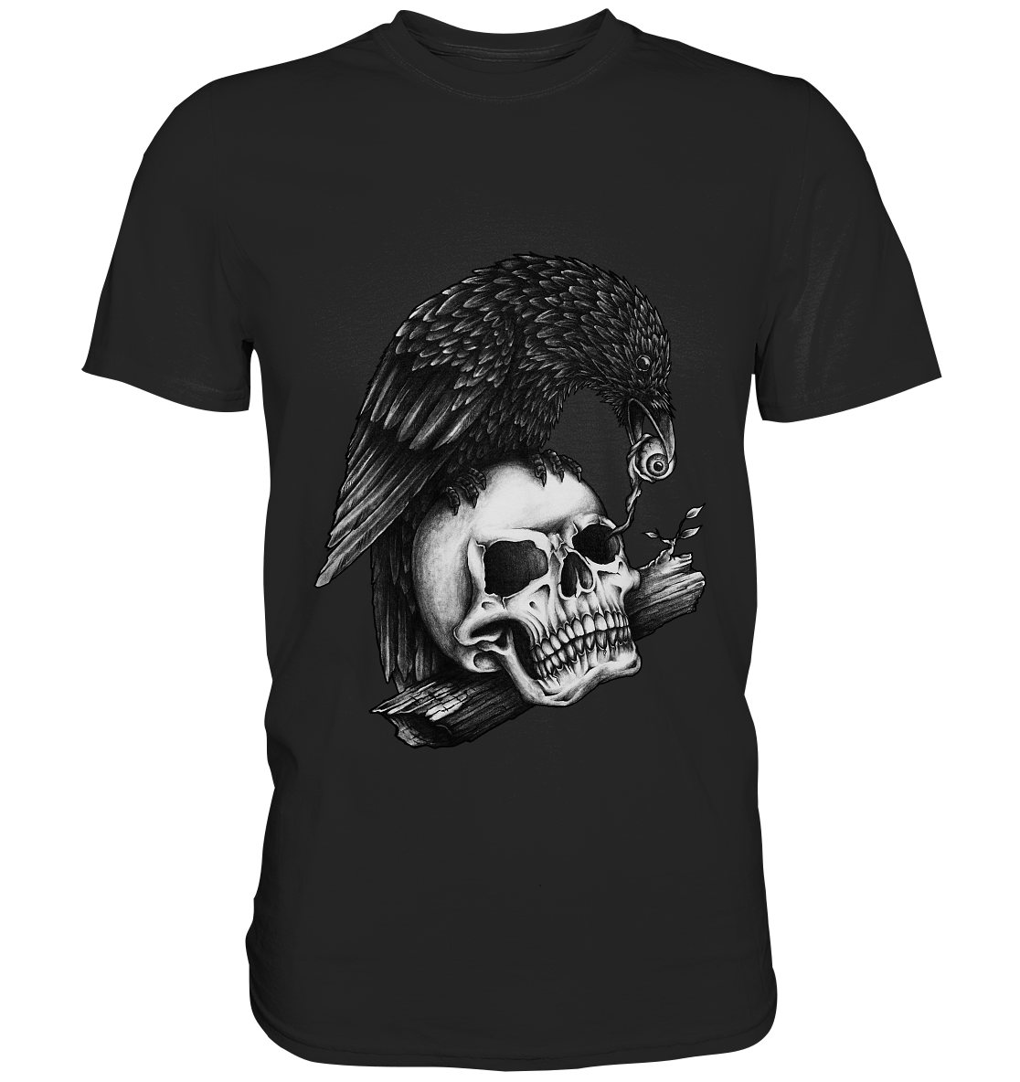Schwarzes T-Shirt mit weißem Motiv: realistische Krähe sitzt auf Schädel und hält ein Auge im Schnabel