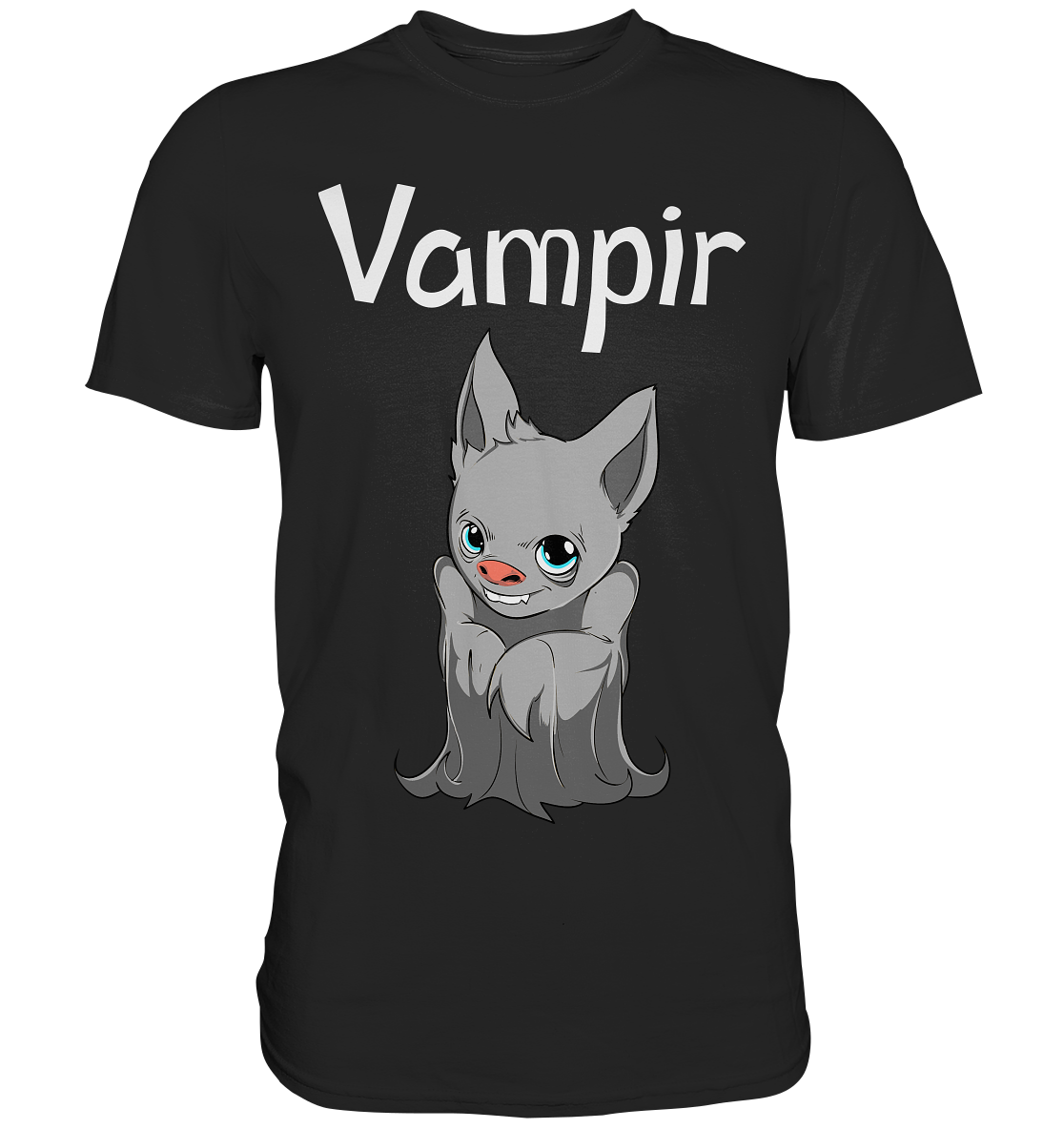 Schwarzes T-Shirt mit süßem Motiv: Kleine Fledermaus und Schriftzug „Vampir“, verspielt und leicht düster.