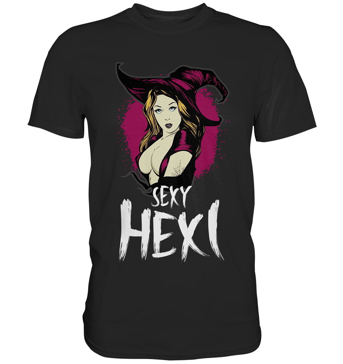 Schwarzes T-Shirt mit sexy Hexe im Stil einer „Sexy Hexi“ – verführerisch, magisch und verspielt düster.