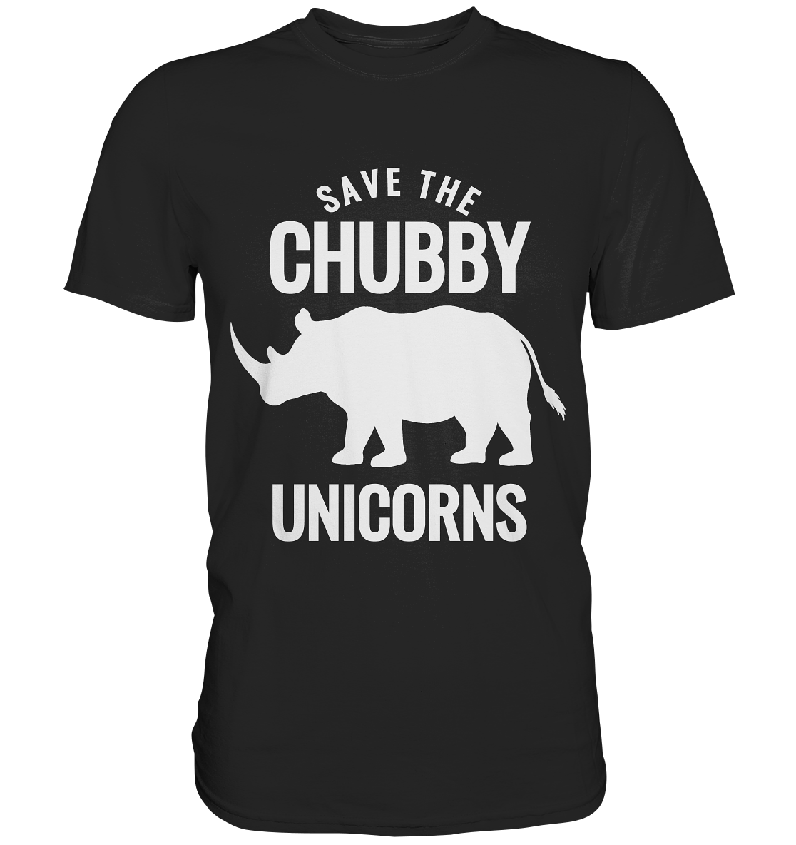 Schwarzes T-Shirt mit Nashorn und dem Schriftzug „Save the cubby unicorns“, humorvoller Tierschutz-Aufruf.