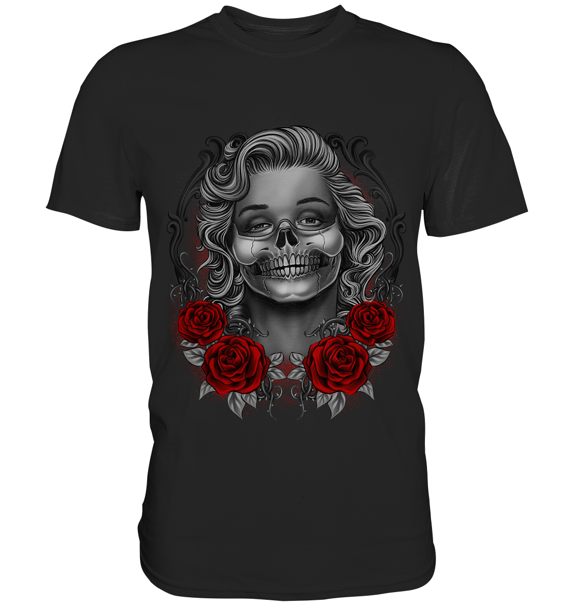 T-Shirt mit Skull und Rosen Tattoo Design „Monroses Skull“, Gothic-Style, hochwertiges Baumwollshirt für Damen und Herren.