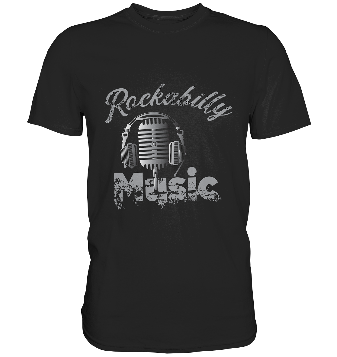 Schwarzes Shirt mit Vintage-Mikrofon im 50s Rockabilly Style und „Rockabilly Music“-Schriftzug.