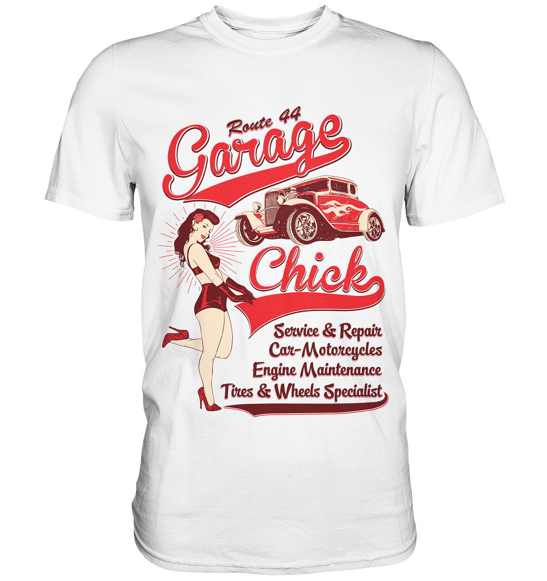 Weißes T-Shirt mit Pinup Girl im Rockabilly-Garagenstil – sexy Retro-Motiv im Vintage-Design.