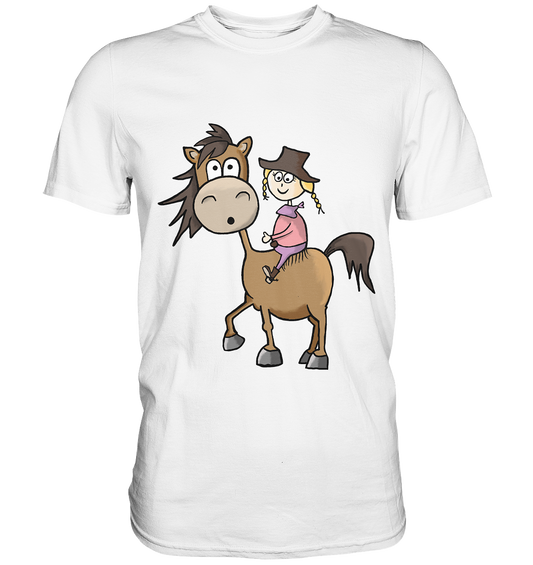 Weißes Shirt mit Westernmädchen auf Quarter Horse Motiv