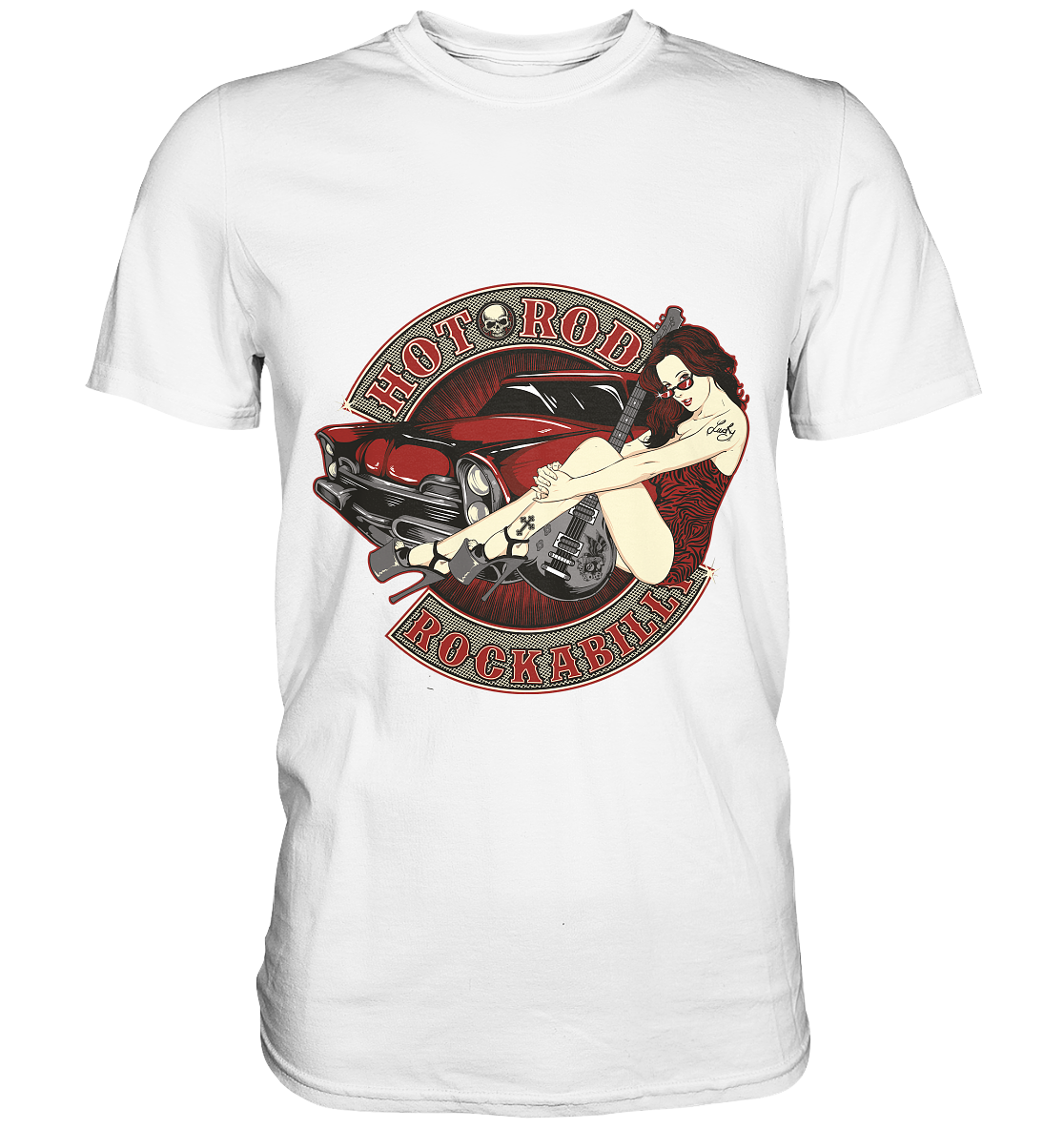 Weißes T-Shirt mit Pinup Girl und Hotrod im Rockabilly-Stil – Retro-Fifties-Motiv mit Vintage-Flair.