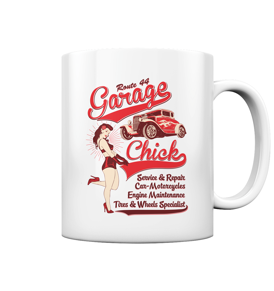 Weiße Tasse mit Pinup Girl im Rockabilly-Stil – sexy Garage Chick im Vintage-Look.