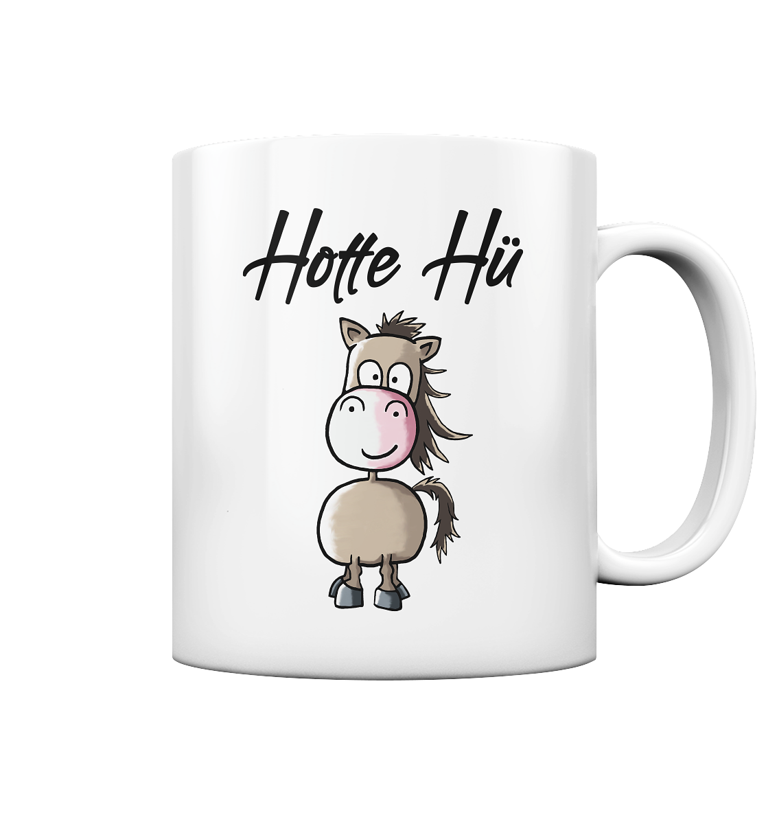 Weiße Tasse mit kleinem braunen Pferd und Schriftzug Hotte Hü
