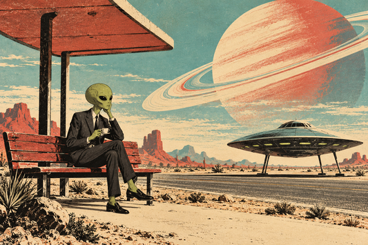 Retro-Illustration eines Aliens mit Espresso an einer Haltestelle, einem UFO und einem Ringplaneten