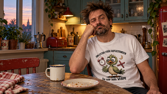 Verschlafener Mann mit zerzausten Haaren sitzt bei Kaffee und leerem Teller in einer Retro-Küche; auf seinem Shirt ist ein verwirrter Vogel zu sehen.