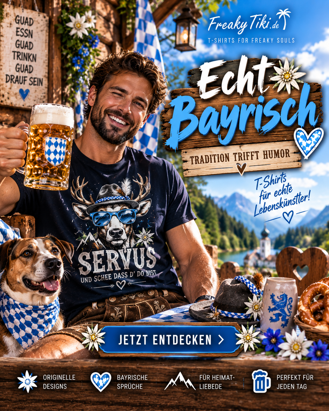 Bayrische T-Shirts Herren Bayern Sprüche Heimat Berge blau weiß