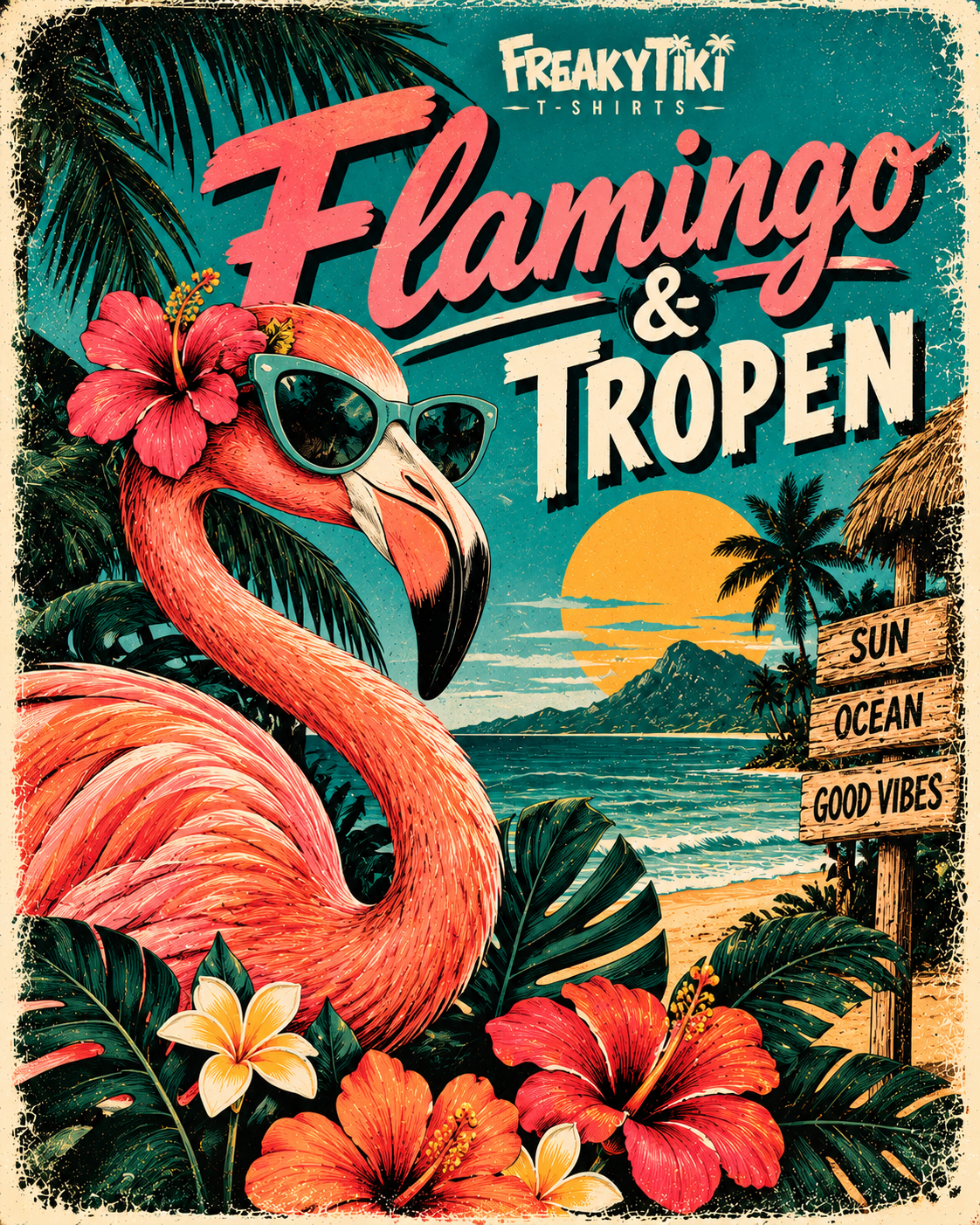 Flamingo & Tropen FreakyTiki T-Shirts rosa Flamingo Strand und Hibiskus