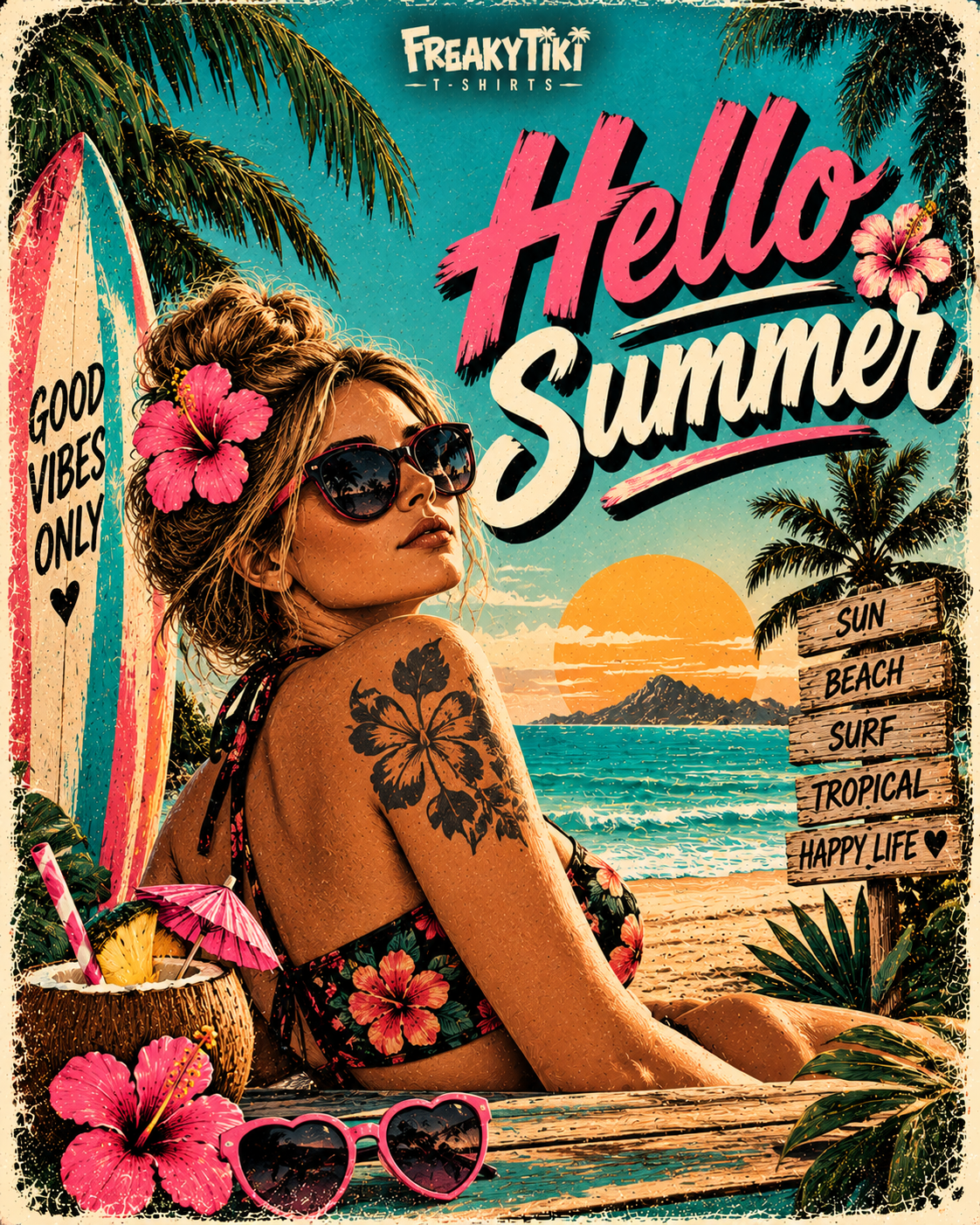 Hello Summer FreakyTiki Kollektion Sommer T-Shirts Strand Palmen und Surf Retro