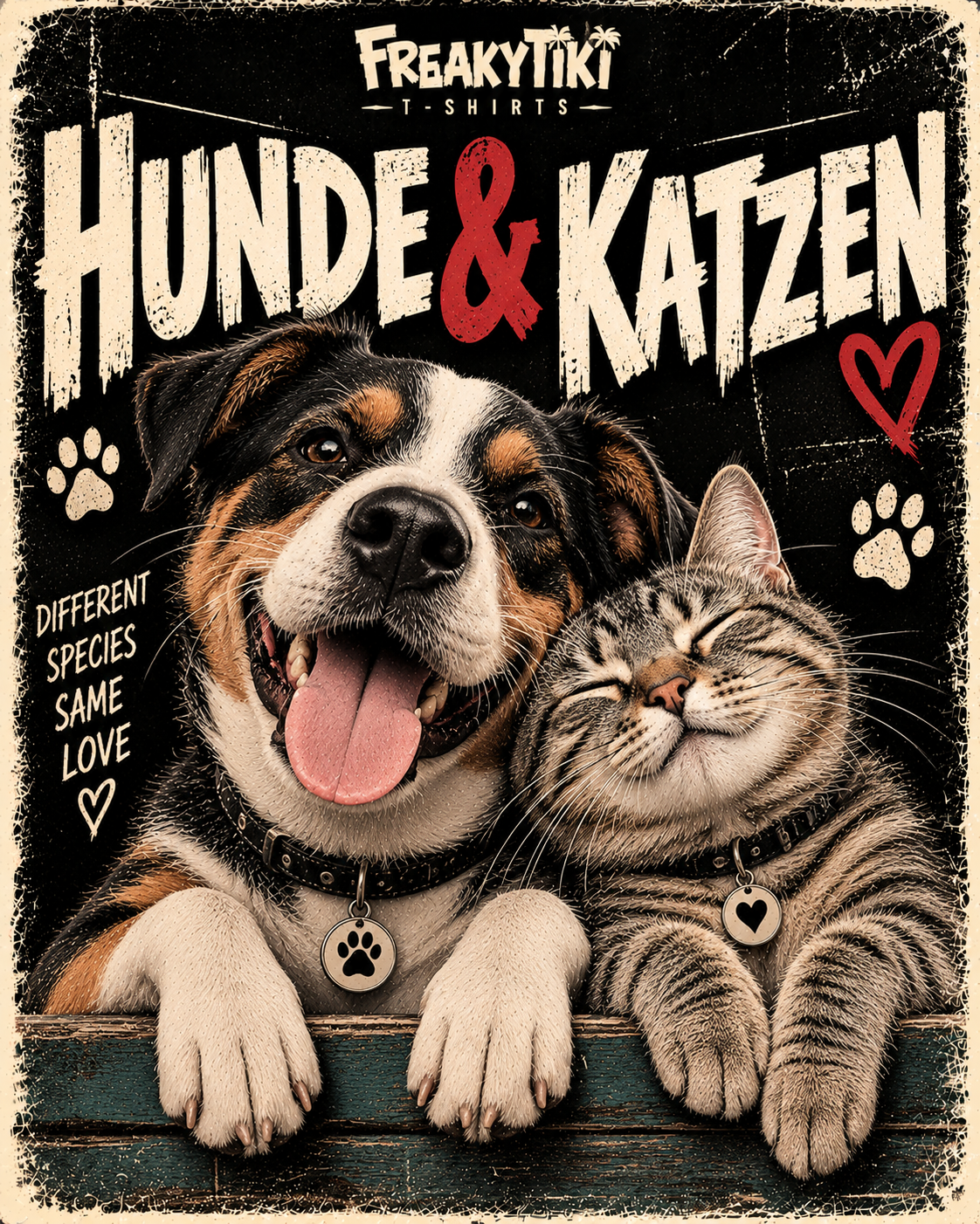 Hunde & Katzen – FreakyTiki Retro-Kollektionsbild mit Hund und Katze