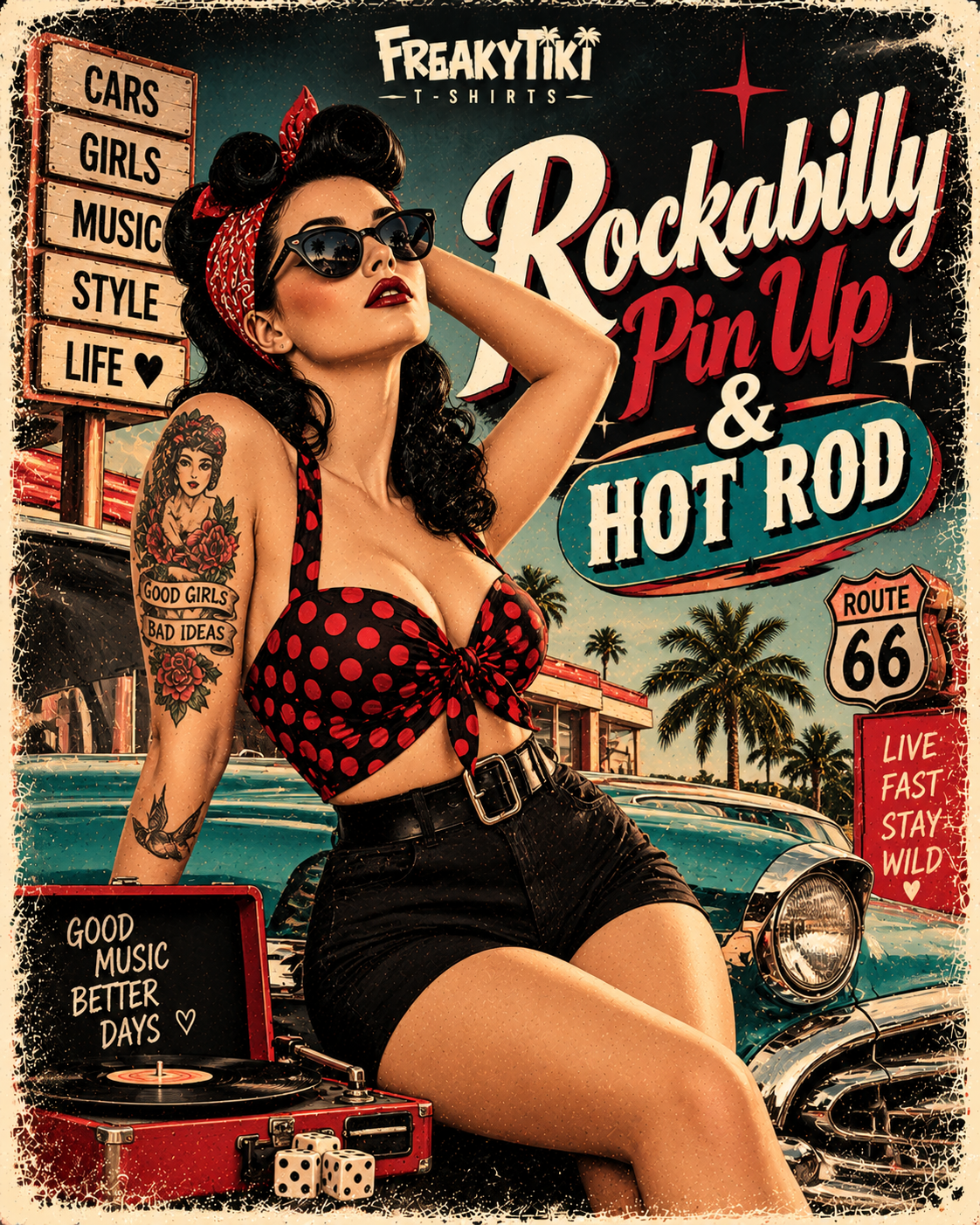 Rockabilly Pin Up & Hot Rod FreakyTiki T-Shirts Vintage Pin-up und klassischer Oldtimer