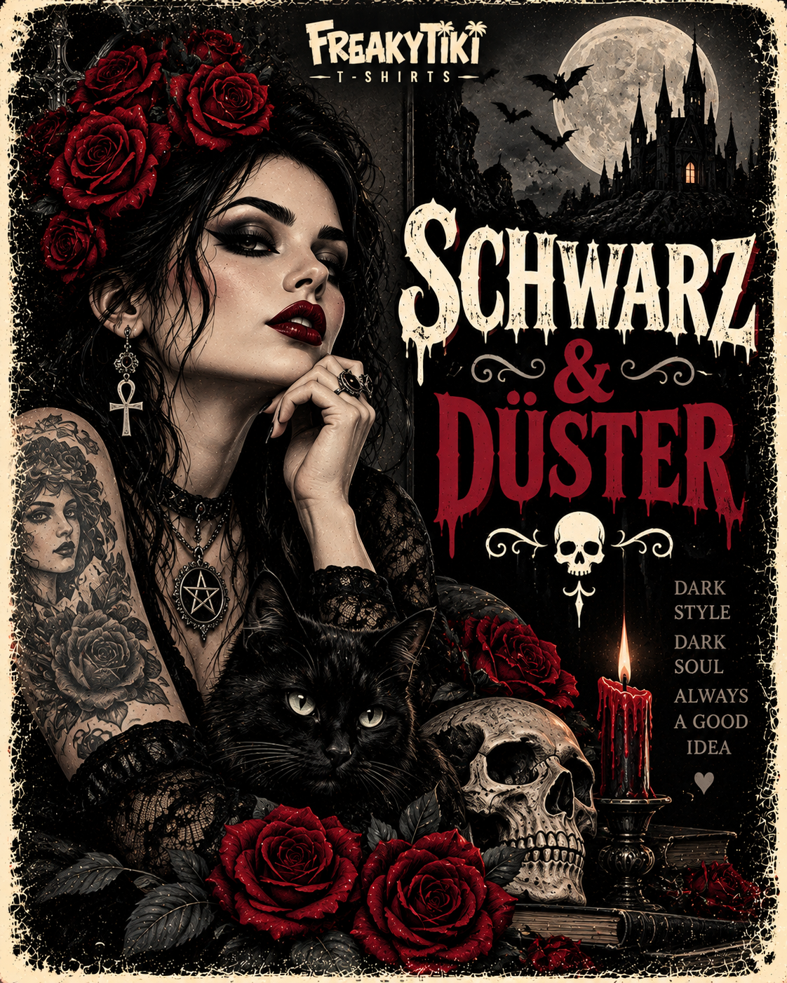 Schwarz & Düster FreakyTiki Gothic Kollektion mit schwarzer Katze Rosen und Gothic-Frau