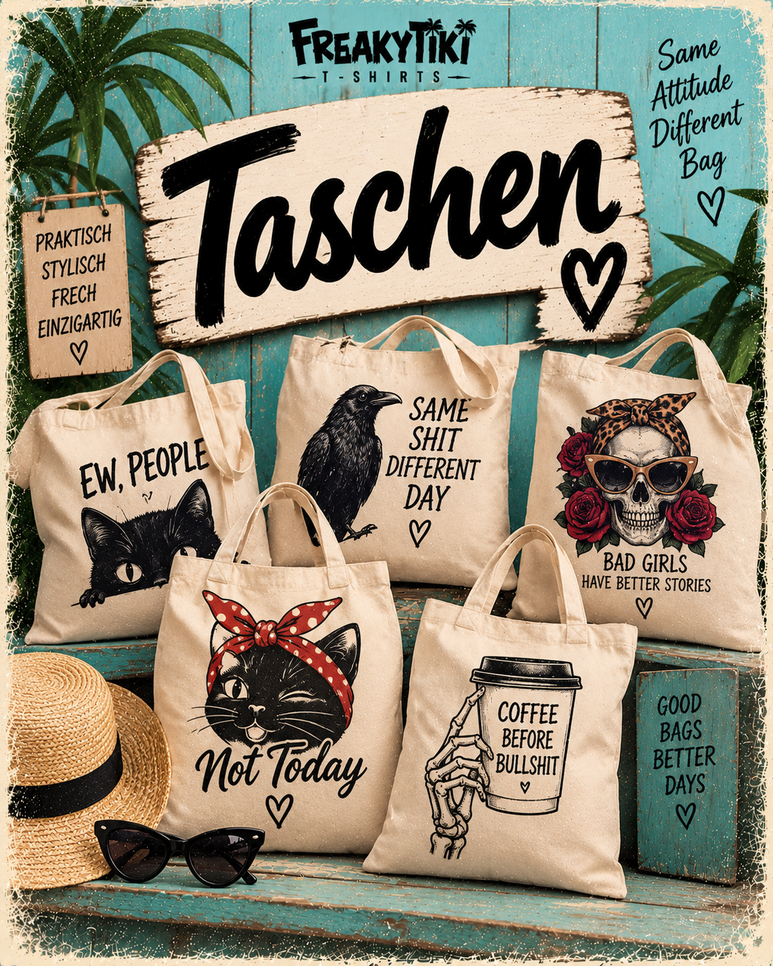 FreakyTiki Taschen Kollektion mit bedruckten Baumwoll-Stofftaschen