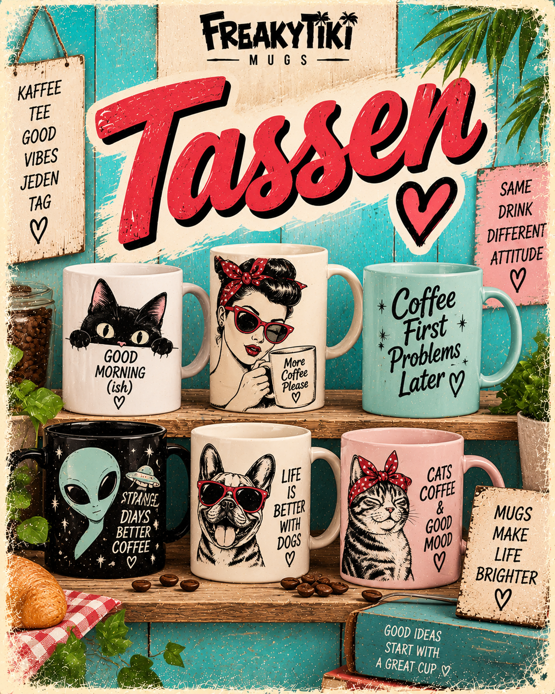 Tassen FreakyTiki Kollektion helle Retro-Kaffeetassen mit frechen Sprüchen