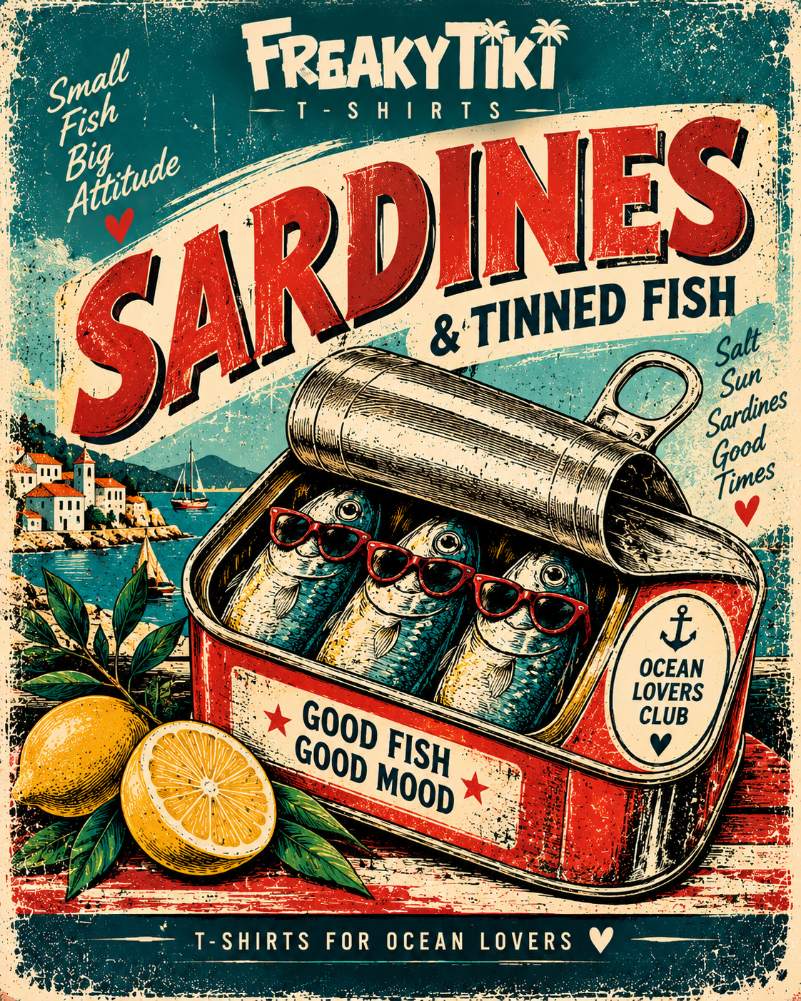 Sardines & Tinned Fish T-Shirts mit Sardinendose und Retro-Mittelmeer-Motiv