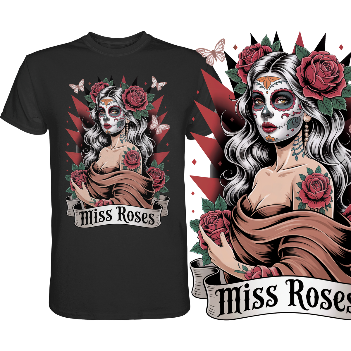 Schwarzes T-Shirt mit Gothic-Motiv „Miss Roses“, La Catrina im Tattoo-Stil mit Rosen, recht vergrüßerte Darstellung des Motivs