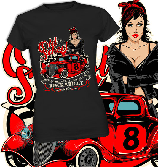 Ladies Premium T-Shirt mit Rockabilly Garage Vintage Retro Design „Old School“. Im Hintergrund eine vergößerte Darstellung des Motivs.