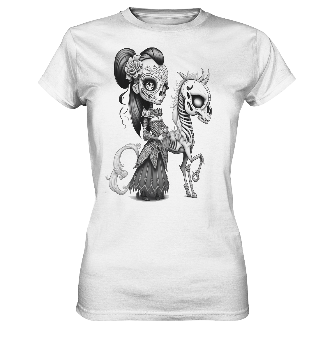 Weißes T-Shirt mit Motiv einer Gothic Lady mit Skelettpferd