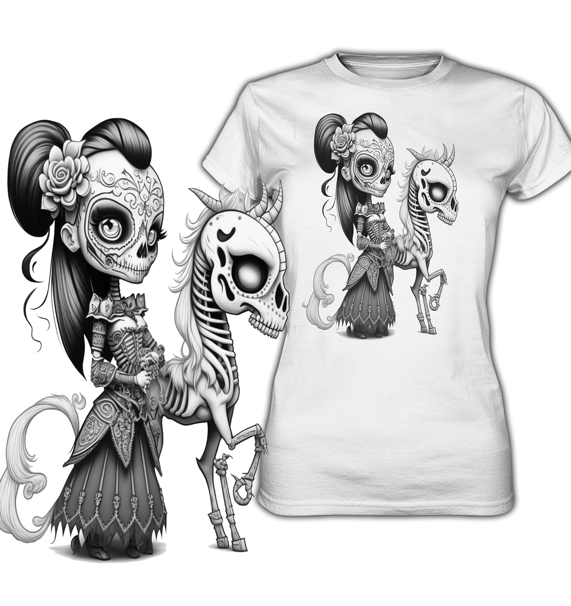 Weißes Shirt mit Gothic Lady und Skelettpferd, Motiv unten links vergrößert dargestellt