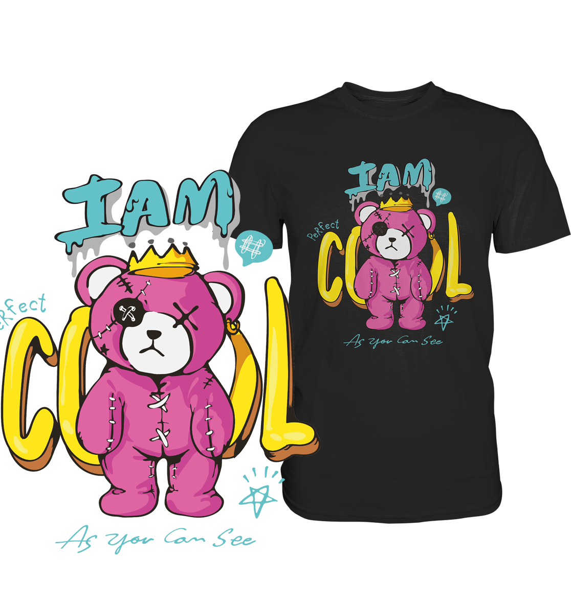 Schwarzes T-Shirt mit coolem Graffiti-Teddybär und Schriftzug „I am cool Teddy“. Links im Bild eine vergrößerte Darstellung des Teddy-Motivs