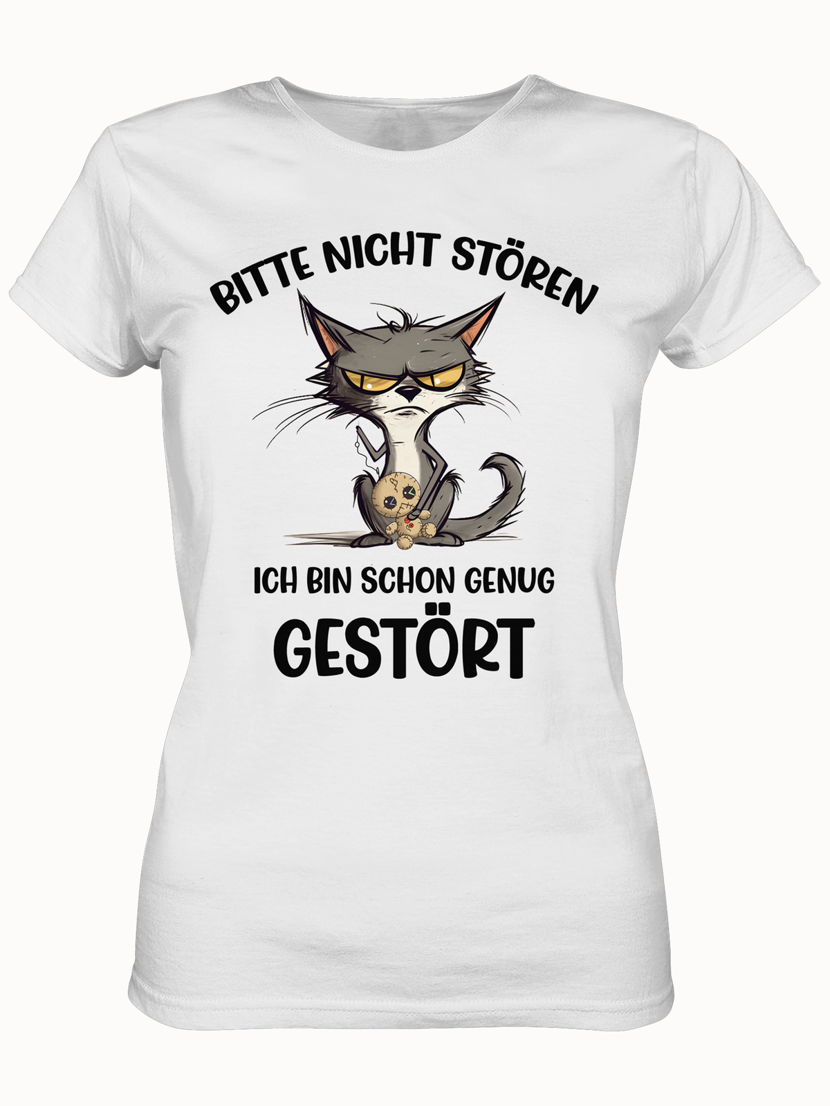 T-Shirt mit dem Motiv „Bitte nicht stören. Ich bin schon genug gestört.“ und einer genervt blickenden Katze