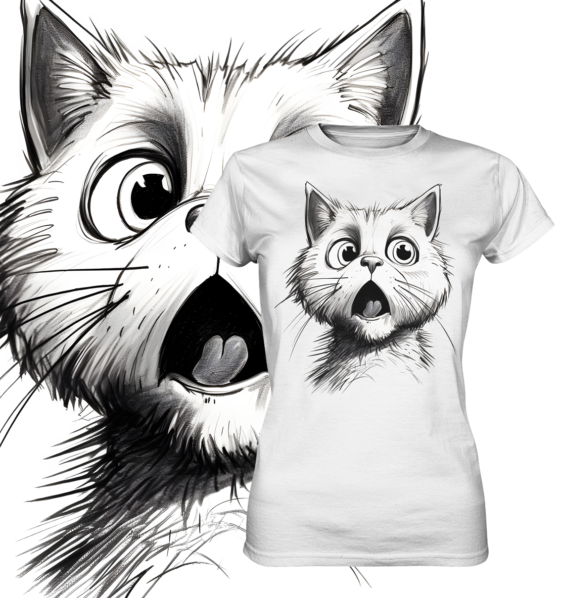 Weißes T-Shirt mit großem Motiv einer schreienden Katze als schwarze Strichzeichnung. Im Hintergrund das Bild der Katze vergrößert.