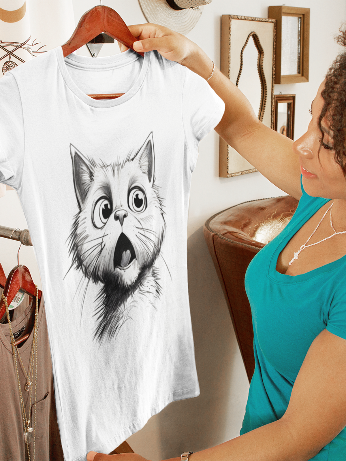 Frau im grünen Shirt hält ein weißes T-Shirt auf Kleiderbügel mit Katzen-Motiv in der Hand.