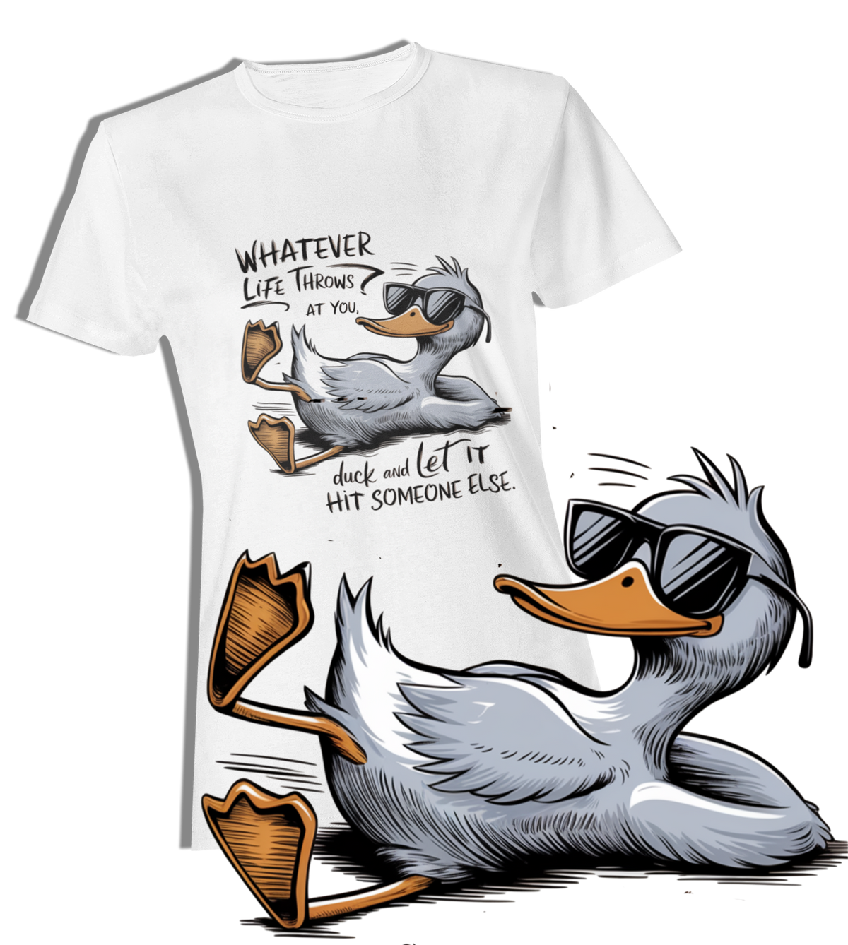 Ladies T-Shirt mit entspannter Enten-Grafik und Spruch ‚Whatever Life Throws at You, Duck and Let It Hit Someone Else‘ – weißes Shirt, Vorderansicht