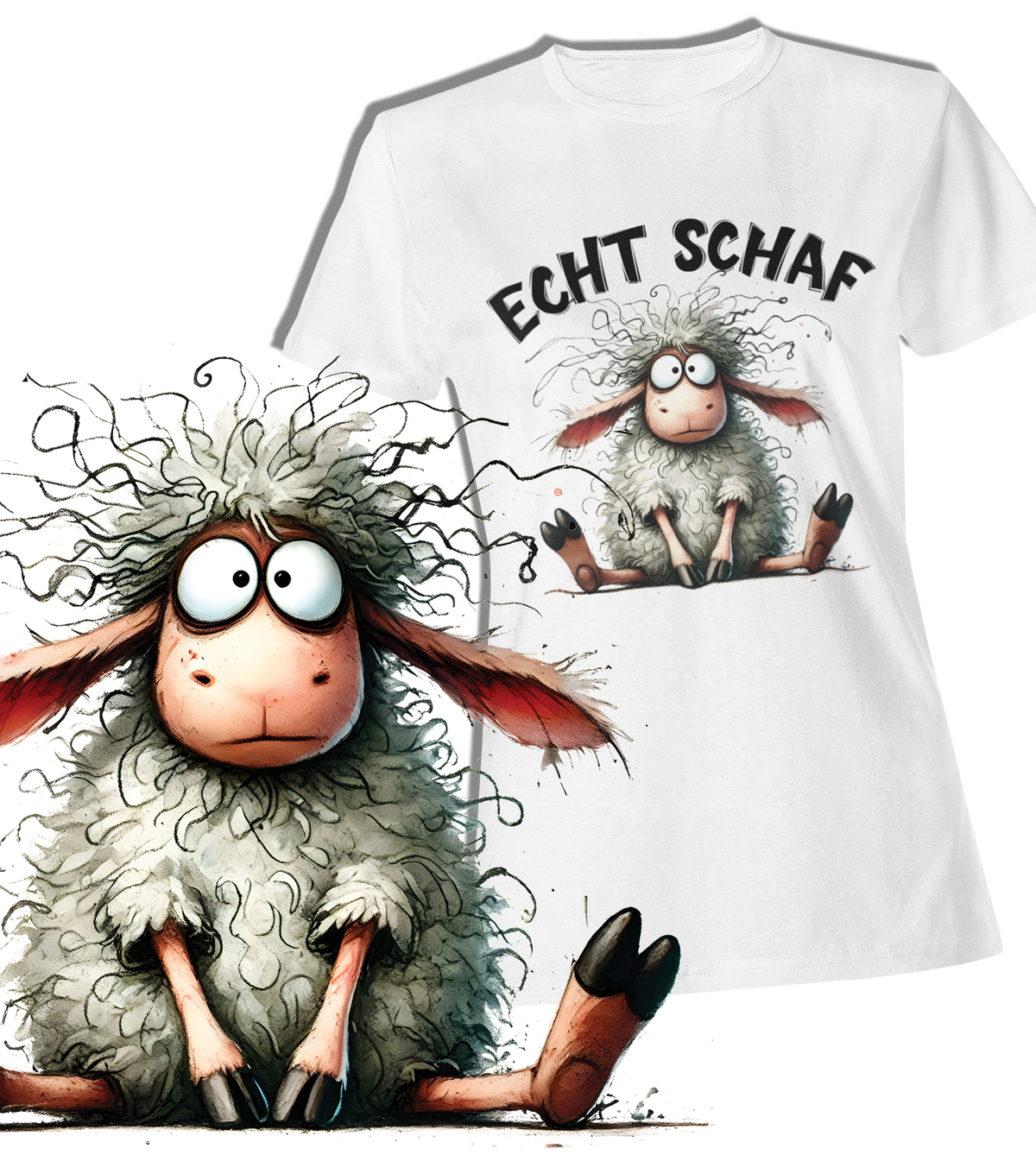 Weißes T-Shirt mit witzigem Schaf-Motiv und Schriftzug ‚Echt Schaf‘ –  Vorderansicht. Links im Bild sitzendes Schaf in groß.
