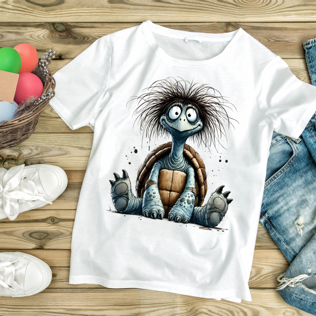 Lustiges Schildkröten T-Shirt für Erwachsene – Crazy Turtle Cartoon mit  auf weißem Shirt – Tiermotiv Streetwear