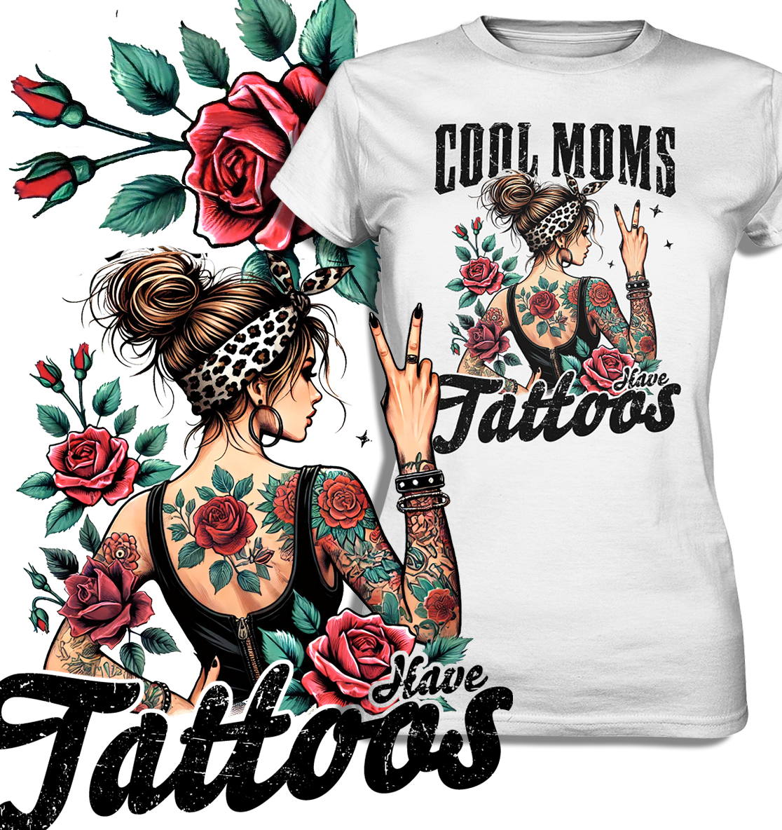 Damen T-Shirt in Weiß mit Statement-Spruch „Cool Moms Have Tattoos“ – figurbetont, Baumwolle, Vorderansicht