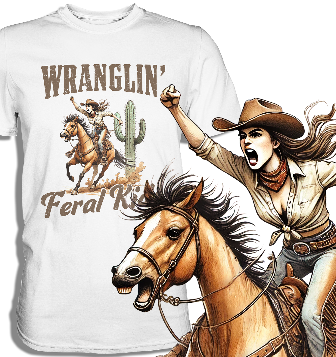 Unisex T-Shirt in Weiß mit Westerngirl auf Pferd und Spruch „Wranglin’ Feral Kids“ – Regular Fit, 100 % Baumwolle, Vorderansicht