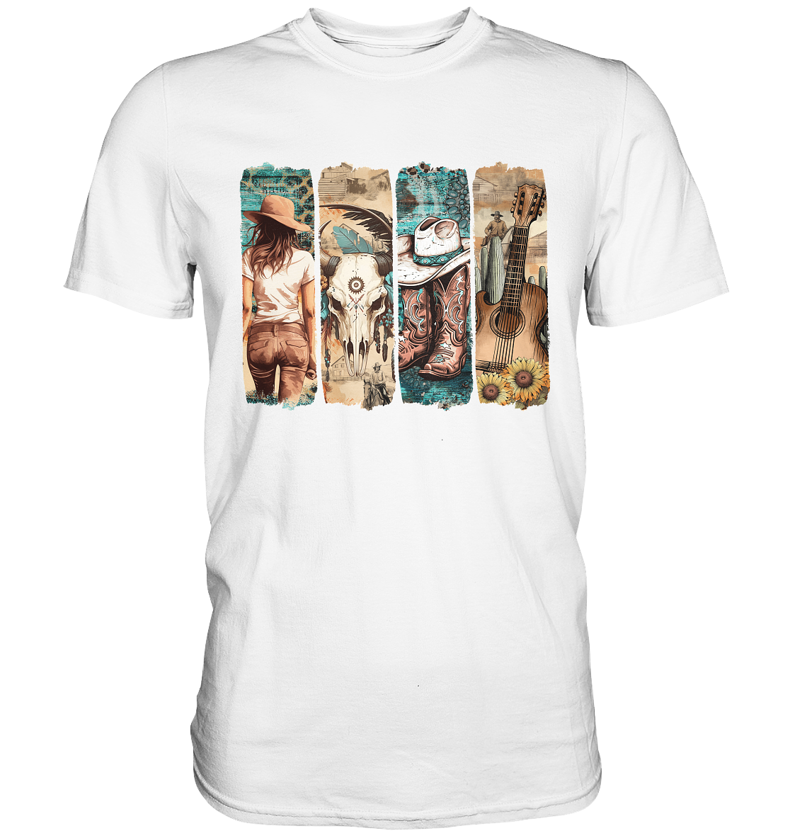 Unisex T-Shirt mit Western Brushstroke Motiv im Vintage-Stil, weiß, 100 % Baumwolle, Regular Fit, ideal für Western Girls & Cowgirls – Vorderansicht