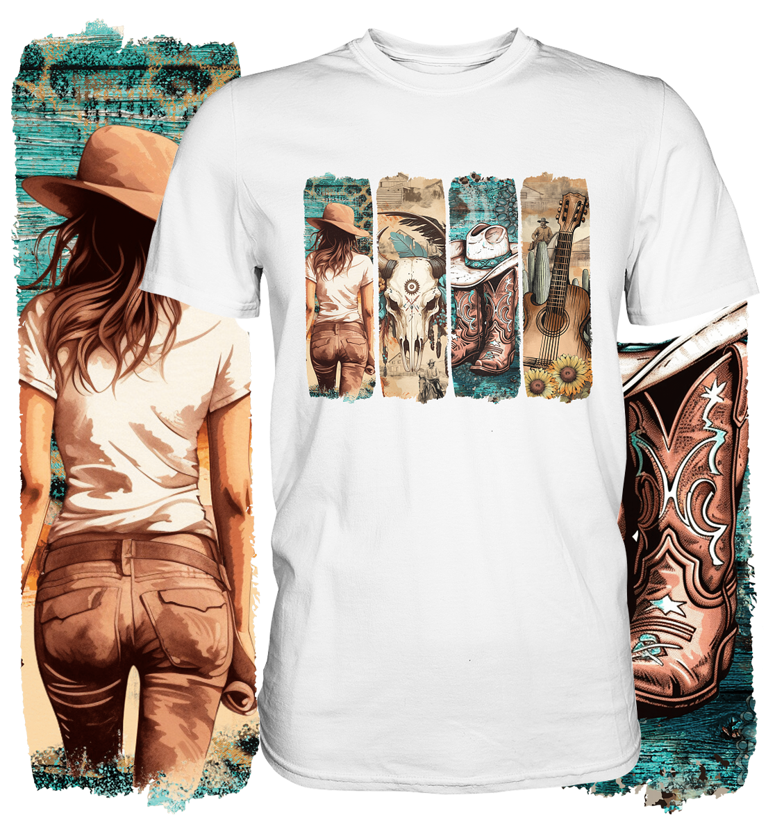 Unisex T-Shirt mit Western Brushstroke Motiv im Vintage-Stil, weiß, 100 % Baumwolle, Regular Fit, ideal für Western Girls & Cowgirls – Vorderansicht