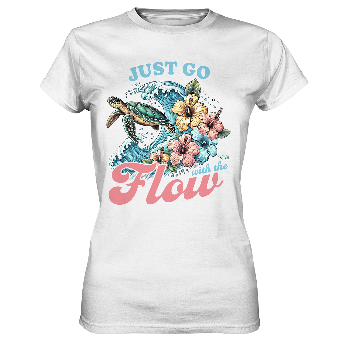 Damen Premium T-Shirt in Weiß mit tropischem Schildkrötenmotiv, Welle, Hibiskus und Schriftzug „Just Go with the Flow“ – leicht tailliert, Retro Summer Design