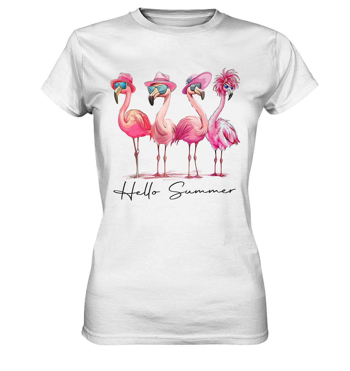 Damen Premium T-Shirt in Weiß mit vier Flamingos in Beachlaune und Retro Schriftzug „Hello Summer“, leicht tailliert, Sommerdesign Vorderansicht