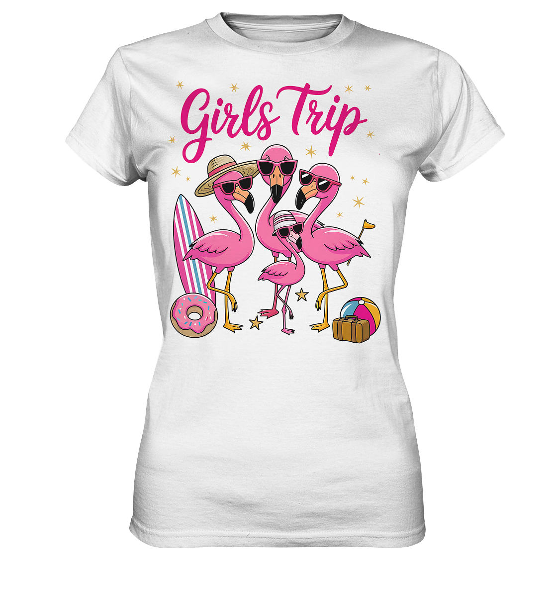 Ladies T-Shirt mit buntem Motiv von vier Flamingos mit Sonnenbrillen, Beach-Zubehör und dem Schriftzug „Girls Trip“ auf der Vorderseite