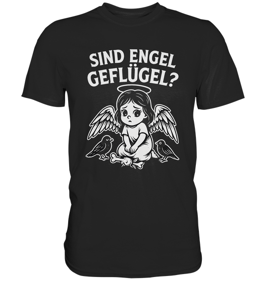 Schwarzes T-Shirt mit frechem Engel im Gothic-Comic-Stil und Schriftzug „Sind Engel Geflügel?“, schwarz-weißes Design.