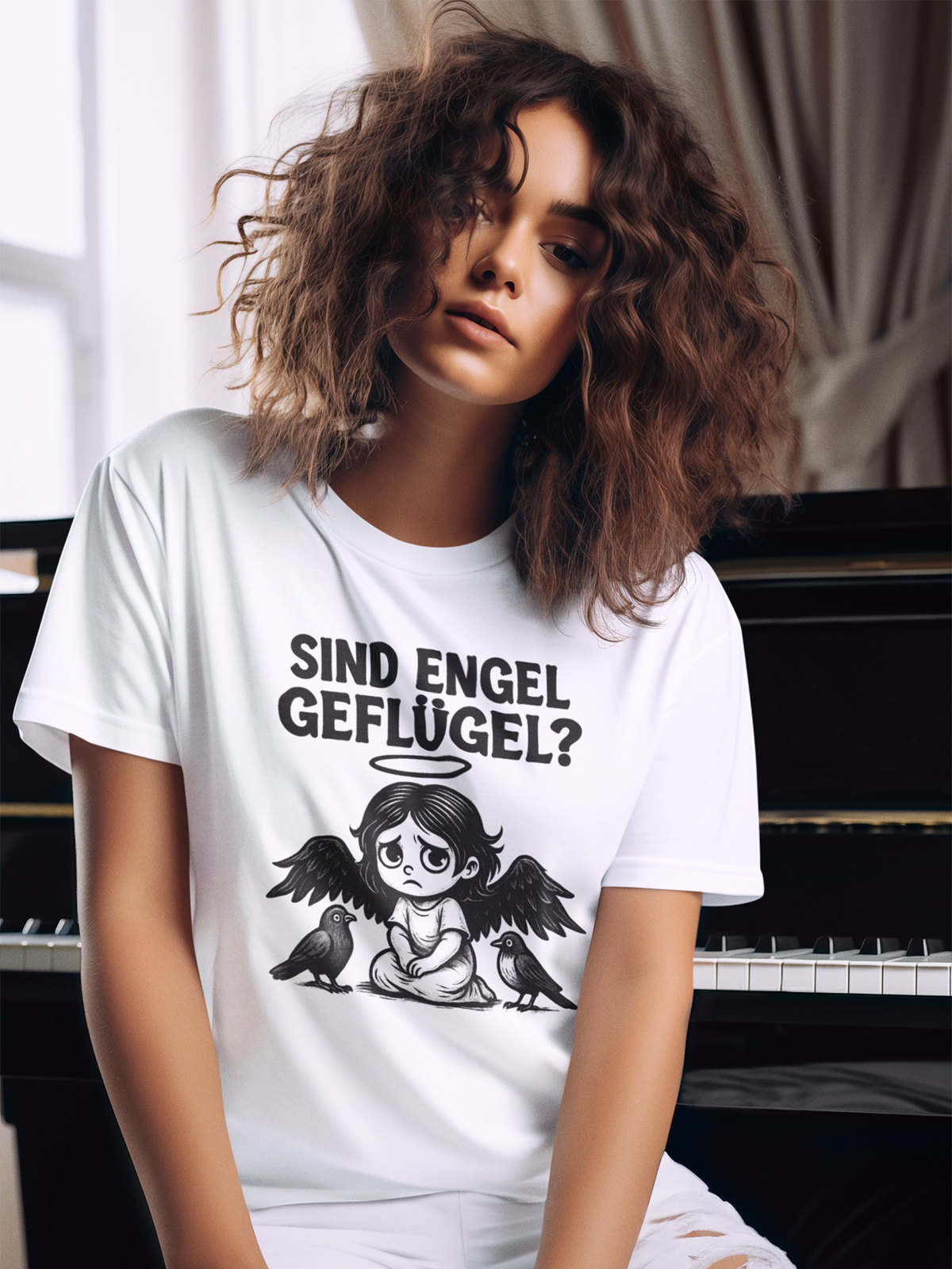 Junge Frau sitzt vor Klavier und trägt ein weißes T-Shirt mit Aufschrift "Sind Engel Geflügel?" und Engel-Motiv.