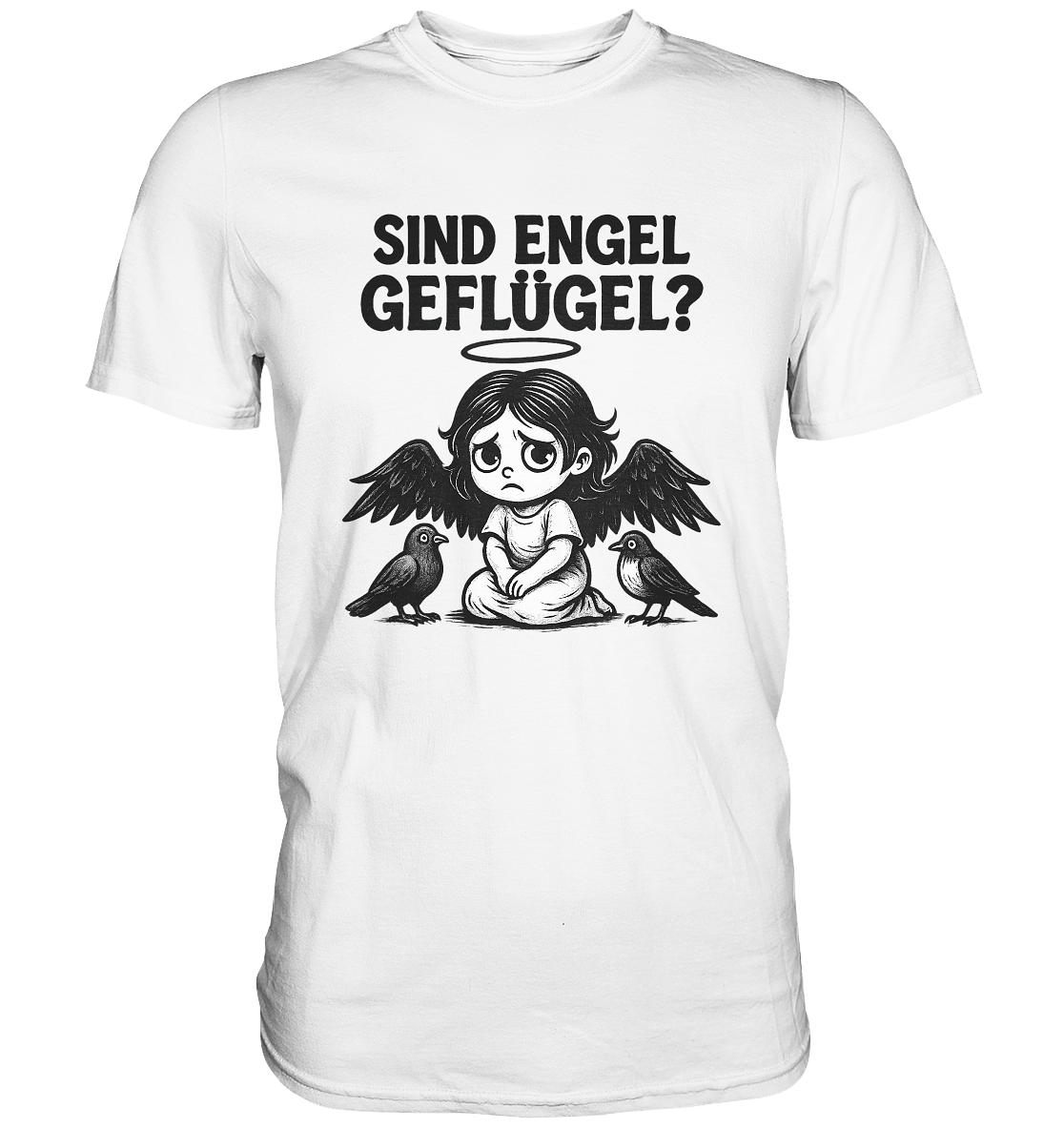 Weißes T-Shirt mit Engel-Motiv und Aufschrift "Sind Engel Geflügel?"
