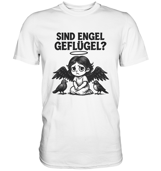 Weißes T-Shirt mit Engel-Motiv und Aufschrift "Sind Engel Geflügel?"