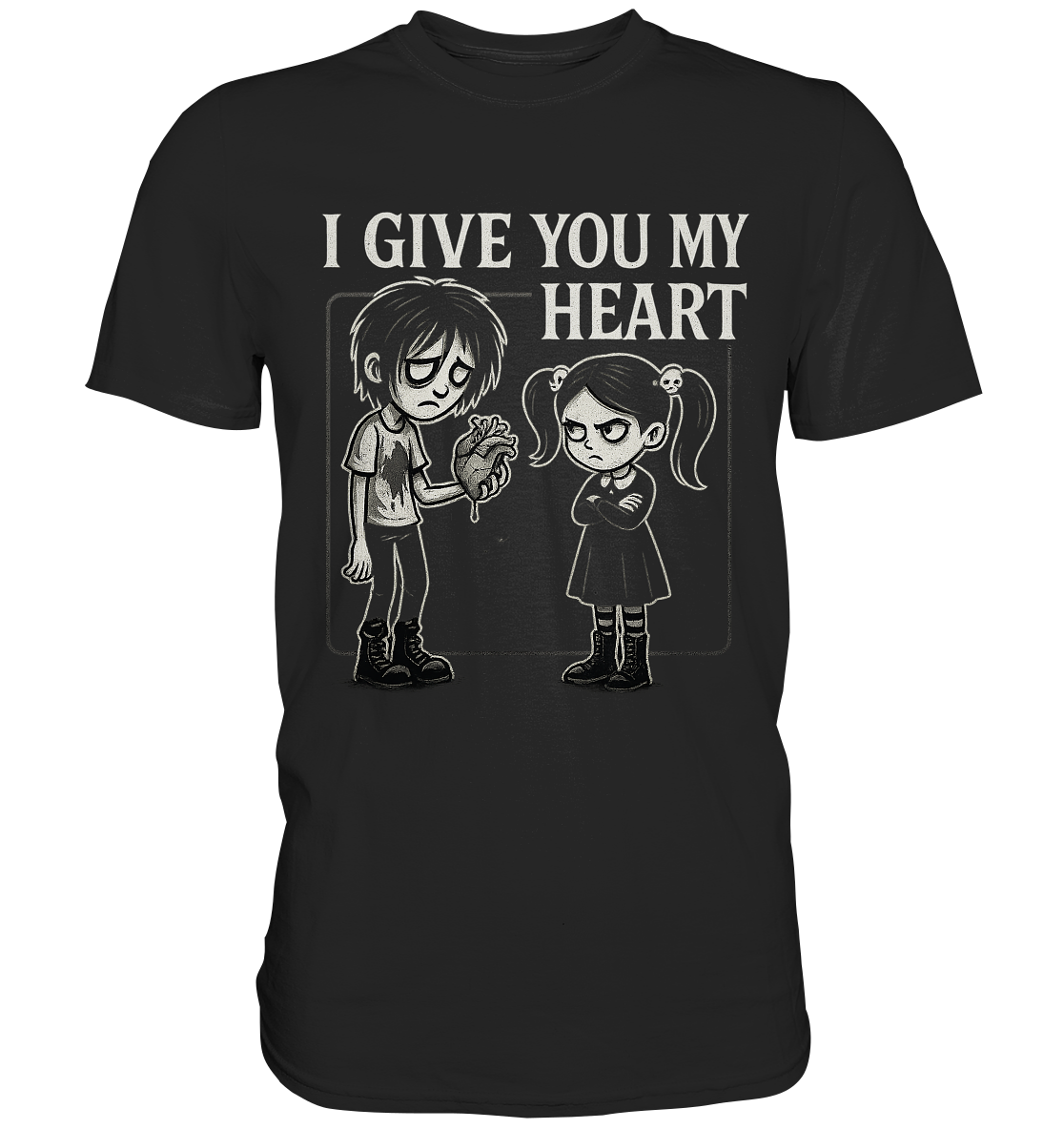 Schwarzes T-Shirt mit Gothic Junge, Herz in der Hand, Gothic Mädchen mit Skull-Haarspangen, Schriftzug „I Give You My Heart“, düsteres Liebesdesign.